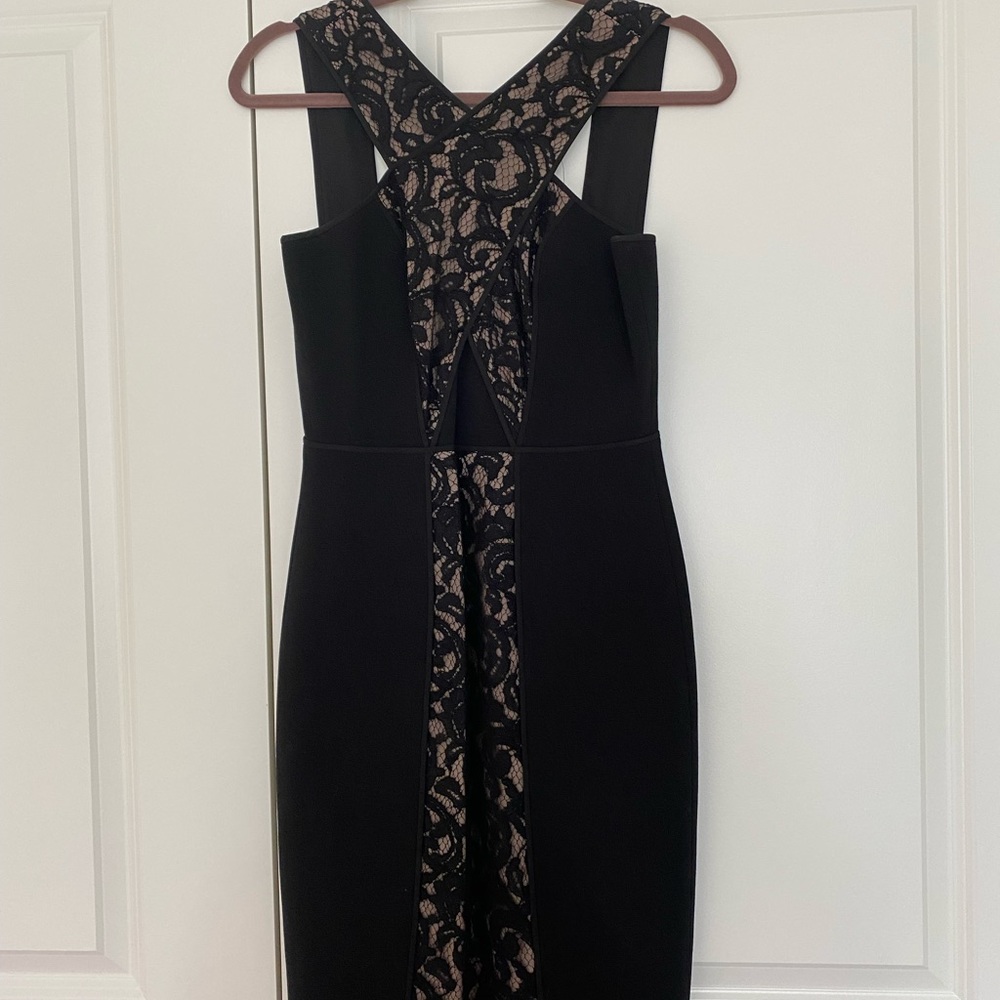 BCBG Max Azria black midi cocktail dress with lace in size 4